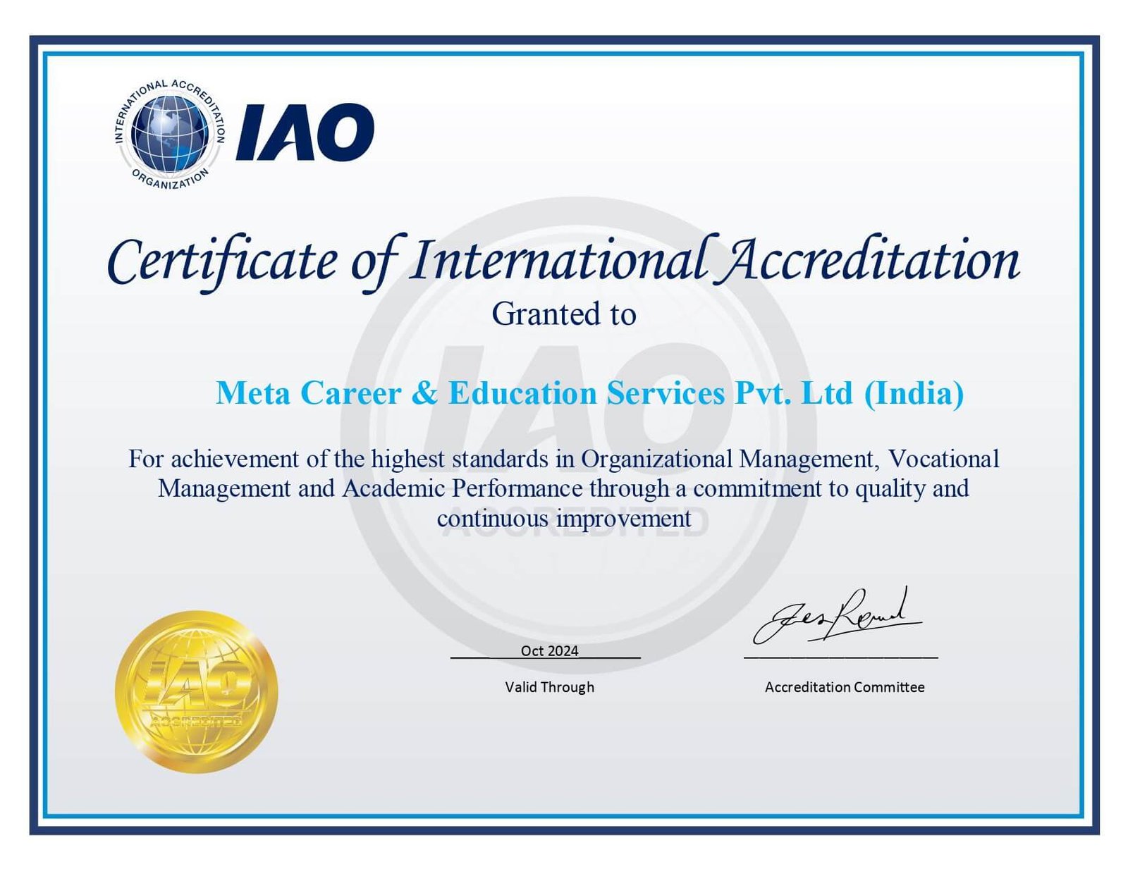 IAO Certificate Meta Career Education Services Pvt. Ltd page 0001